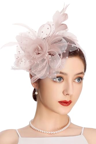 BABEYOND Fascinators Hats for Women Tea Party Flower Tulle Bead Derby Hat - color: Nude Pink