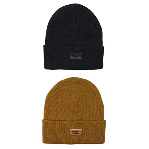 Levi's Mens All-Season Hero Beanie Soft Knit Cuffed Winter Hat, Warm & Comfortable Everyday Style - color: Black Solid & Tan Solid