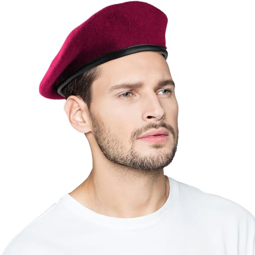 Wool Military Beret Hat Man Women,Adjustable Headband - color: Wine Red