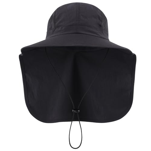 Connectyle UPF 50+ Wide Brim Sun Hat for Men Women Outdoor UV Protection Fishing Hat with Neck Flap Cover Safari Bucket Hats - color: Black