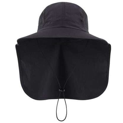 Connectyle UPF 50+ Wide Brim Sun Hat for Men Women Outdoor UV Protection Fishing Hat with Neck Flap Cover Safari Bucket Hats - color: Black