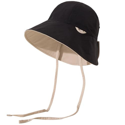 Reversible Women's Bucket Hat for Summer, Water-Resistant Ponytail Cap with Chin Strap, UV Shield Sun Hats - color: Black/Beige