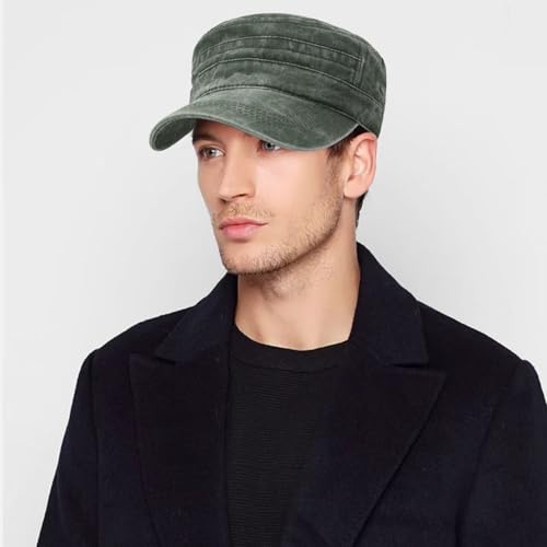 Cadet Army Cap Washed Military Army Hat Vintage Flat Top Hat for Women Men - color: Light Green