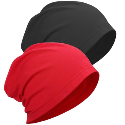 ROYBENS 100% Cotton Thin Slouchy Beanie Hat Women Men Lightweight Chemo Cap - color: 2pcs Black+red