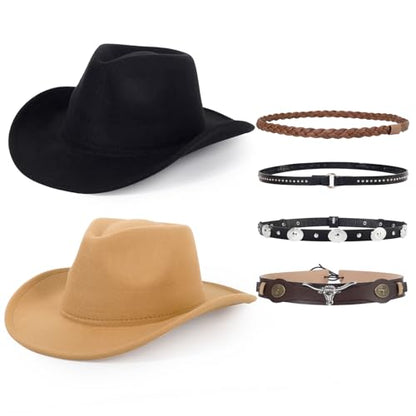 2 Pack Western Cowboy Hats for Women Men 2 Different hat Bands - color: Black+camel