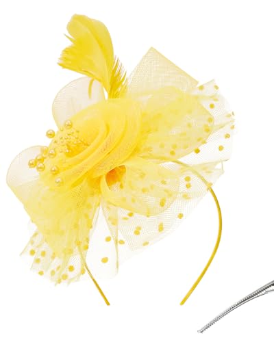 Century Star 2026 Kentucky Hat Derby Fascinator for Women Tea Party Flower Mesh Ribbons Feathers Headband Hair Clips - color: Bright Yellow