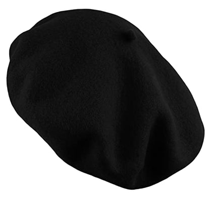 Women's French Beret Hat Solid Color Plain Wool Classic Traditional Artist Cap - color: Black
