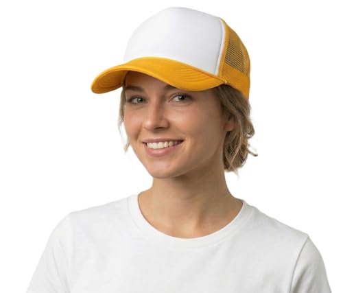 NYFASHION101 Plain Mesh Trucker Hat - Breathable 6-Panel Daily Snapback Cap, Customizable Ideal for DIY Embroidery & Patches - color: White/Gold