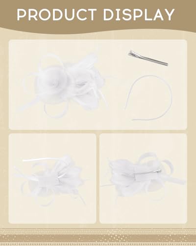 Fascinators Hats for Girls and Women Feather Tea Party Hats Weddinh Mesh Hat with Headband and Clip - color: White