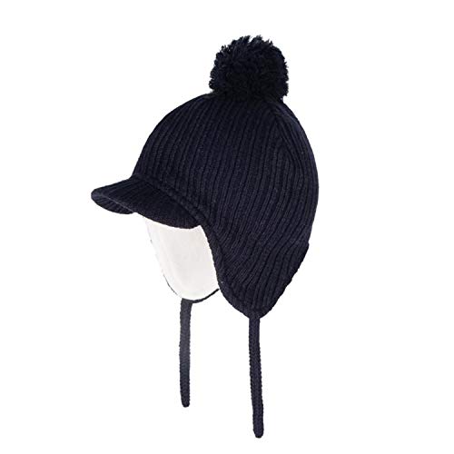 Toddler Fleece Beanie Winter Hat with Ear Flaps Baby Knit Hat with Visor - color: Navy, size: 1-2T