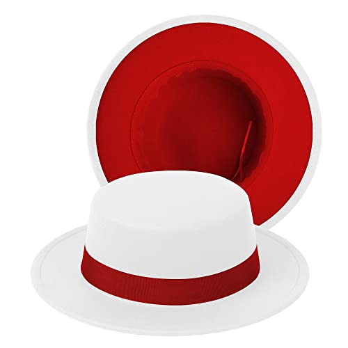 Classic Fedora Hat Two Tone Flat Top Hat with Band Wide Brim Pork Pie Hat Adjustable Patchwork Colors Panama Hat - color: White-red|red Band