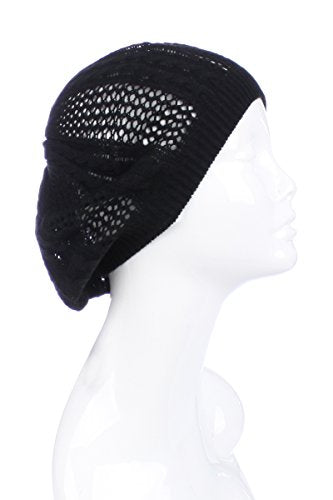 an Womens Lightweight Cut Out Knit Beanie Beret Cap Crochet Hat - Many Styles - color: Black Multi Textured