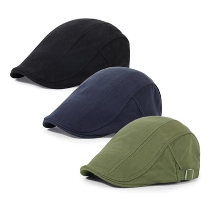 3Pcs Cotton Newsboy Hat for Men Cool Adjustable Flat Cap - color: Black+navy+armygreen