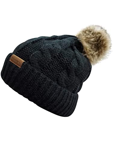 Novarena Thick Cable Knit Faux Fuzzy Fur Pom Fleece Lined Skull Cap Cuff Beanie - color: Black Pom Beanie
