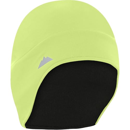 Tough Headwear Thermal Skull Cap - Moisture-Wicking Running Beanie - Snug Fit Ski Helmet Liner - Lightweight Cycling Cap - color: Reversible Black + Hi-viz Yellow