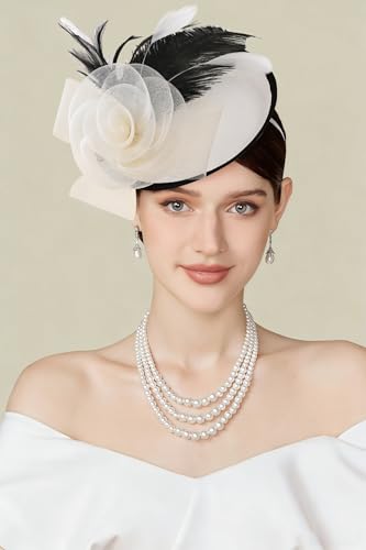 BABEYOND Fascinators Hats for Women Tea Party Mesh Flower Pillbox Derby Hat - color: White Black