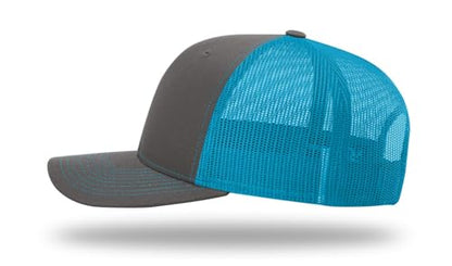 Richardson 112 Trucker Hat - Premium Blank Baseball Cap, Adjustable Snapback Hat - Structured Six Panel Richardson Blank Hats - color: Charcoal/Neon Blue
