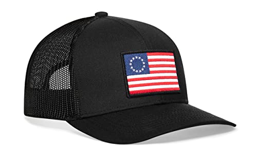 HAKA American Flag Hat | USA Mesh Trucker Snapback Comfort Baseball Cap - color: Black, style: Betsy Ross Flag