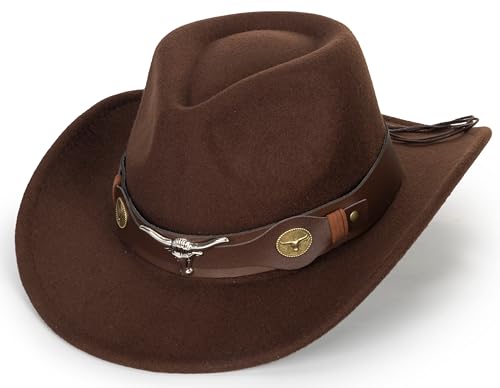 Women-Men Felt-Western-Cowboy Hat-Classic Brim Belt Buckle Cowgirl Fedora M - color: Coffee With Bull Head Belt