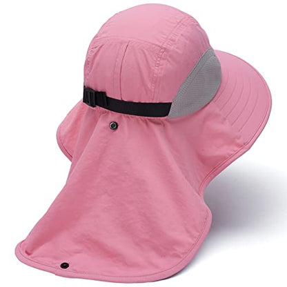 BASSDASH UPF 50+ Unisex Water Resistant Wide Brim Sun Hat with Large Neck Flap Ponytail Fishing Hat for Men Women - color: Pink