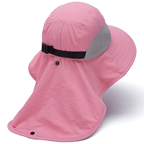 BASSDASH UPF 50+ Unisex Water Resistant Wide Brim Sun Hat with Large Neck Flap Ponytail Fishing Hat for Men Women - color: Pink