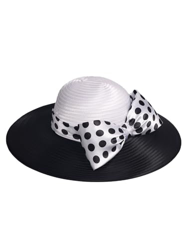 Women Wide Brim Rose Black Patchwork Kentucky Hat for Wedding Party Hat Big Bowknot Polka Dots Fedora Hats - color: White Black