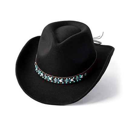Western Cowboy Hat Felt Wide Brim Women Men Cowgirl Hats - color: X-beaded Buckle-black