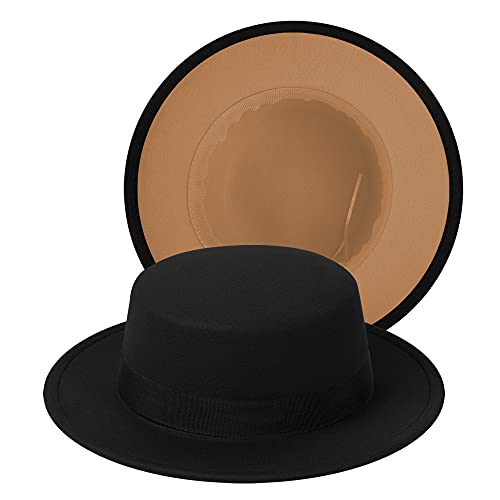 Classic Fedora Hat Two Tone Flat Top Hat with Band Wide Brim Pork Pie Hat Adjustable Patchwork Colors Panama Hat - color: Black-camel|black Band
