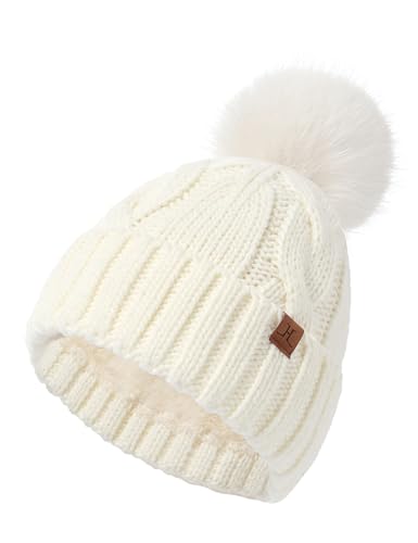 DS DADOU&XIAOSHAN Winter Hats for Women, Fleece Lined Beanie with Pom Pom, Girls Womens Knit Hat Beanies Toboggan - color: White