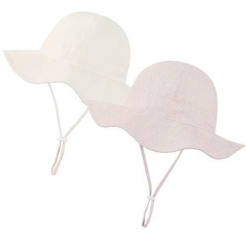 Baby Girl Sun Hat Toddler Beach Hats with UPF 50+ Protective Infant Summer Hat with Wide Brim Baby Girls Bucket Hat - color: Beige Stripe + Khaki Stripe, size: 12-24 Months