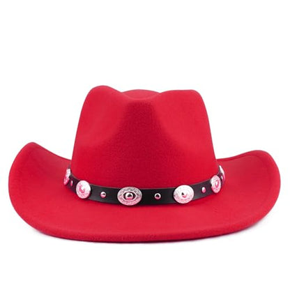 DRESHOW Women Men Classic Felt Wide Brim Western Cowboy & Cowgirl Cap Belt Buckle Retro Panama Hat Unisex Rolled up Caps - color: 1 Pack: Red (Hat Circumference: 22-22.8")