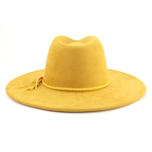 LIDHAY Big Wide Brim Fedora Hats for Women Men Western Suede Hat Large Felt Panama Hat Rancher Hat - color: Yellow