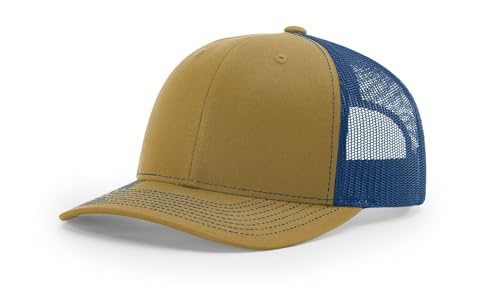 Richardson 112 Trucker Hat - Premium Blank Baseball Cap, Adjustable Snapback Hat - Structured Six Panel Richardson Blank Hats - color: Biscuit/True Blue