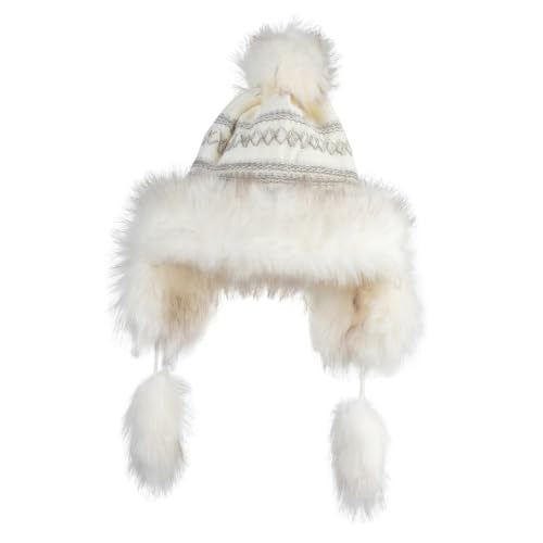 Cross Stitch Knit Fleece Lined Faux Fur Trapper Beanie Hat with String - color: Cream