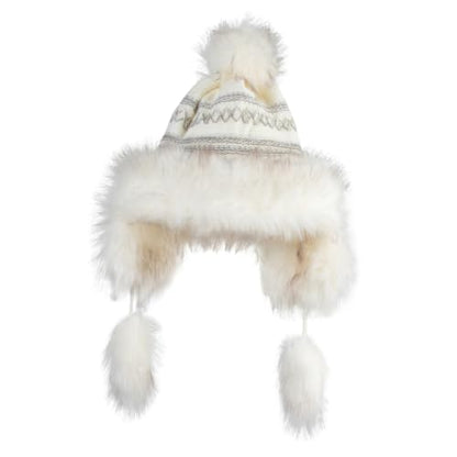 Cross Stitch Knit Fleece Lined Faux Fur Trapper Beanie Hat with String - color: Cream