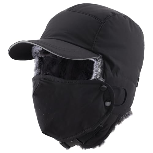 Connectyle Trapper Hat for Men Women Faux Fur Winter Hat with Ear Flaps Water-Resistant Hunting Hats Ushanka Skiing Cap - color: Black