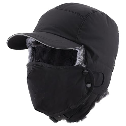 Connectyle Trapper Hat for Men Women Faux Fur Winter Hat with Ear Flaps Water-Resistant Hunting Hats Ushanka Skiing Cap - color: Black