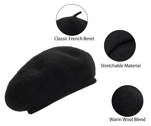 French Beret Hat for Women Solid Beanie Cap Stretchable Winter Warm Beret - color: Black