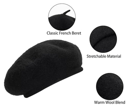 French Beret Hat for Women Solid Beanie Cap Stretchable Winter Warm Beret - color: Black