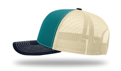 Richardson 112 Trucker Hat - Premium Blank Baseball Cap, Adjustable Snapback Hat - Structured Six Panel Richardson Blank Hats - color: Blue Teal/Birch/Navy