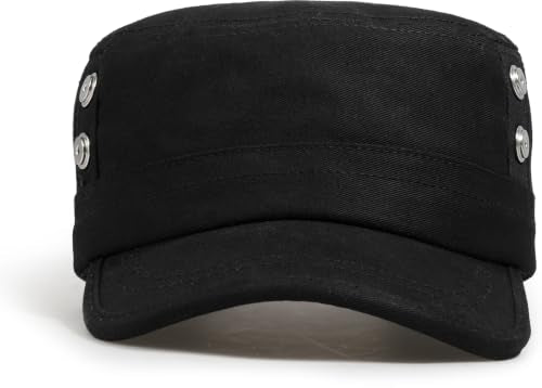 Cadet Army Cap Unisex Military Hat Adjustable Flat Top Cap Baseball Cap - color: Round Button Black
