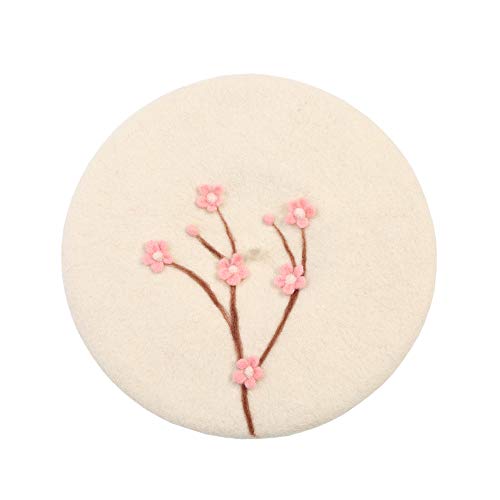 Handmade Wool Beret Hat French Style Needle Felt Flower Beanies Women Winter Autumn Cap - color: White Plum Pink Blossom, size: 7 1/8-7 3/8