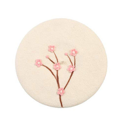 Handmade Wool Beret Hat French Style Needle Felt Flower Beanies Women Winter Autumn Cap - color: White Plum Pink Blossom, size: 7 1/8-7 3/8