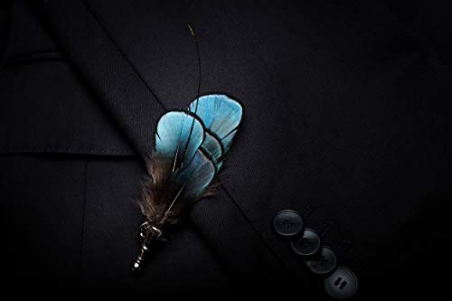 RBOCOTT Handmade Feather Pre-tied Bow tie and Brooch Sets for Men - color: Peacock Blue/White