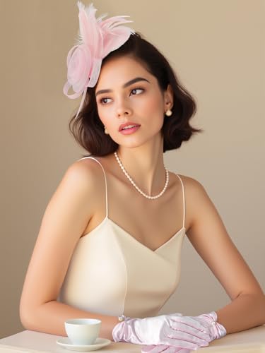 2Pcs 50s Fascinators Hats for Women Wedding Cocktail Flower Mesh Ribbons Feathers Church Tea Party Hats and Lace Glove - color: Pink