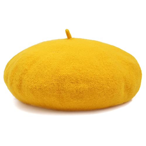 Women French Wool Beret Hats - Solid Color Classic Beanie Winter Cap - color: Yellow