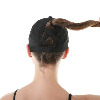 Womens Criss Cross Ponytail Hat Quick Drying Baseball Cap Sun Hats UV Protection Sport Cap - color: Black+grey