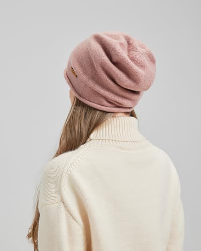 100% Merino Wool Slouchy Beanie Hat, Women Warm Winter Caps Soft, Ladies Breathable & Cozy Stretchy Knitted Skull Cap - color: Pink