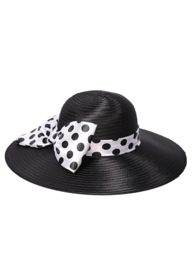 Women Wide Brim Rose Black Patchwork Kentucky Hat for Wedding Party Hat Big Bowknot Polka Dots Fedora Hats - color: Black
