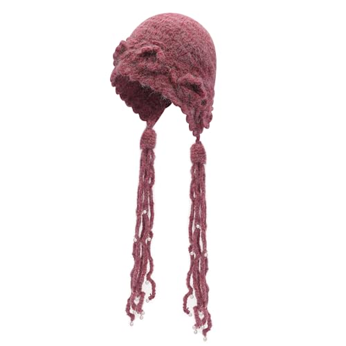 ZLYC Women Winter Crochet Knit Floral Beanie Hat - color: Tassels Raspberry, size: One Size